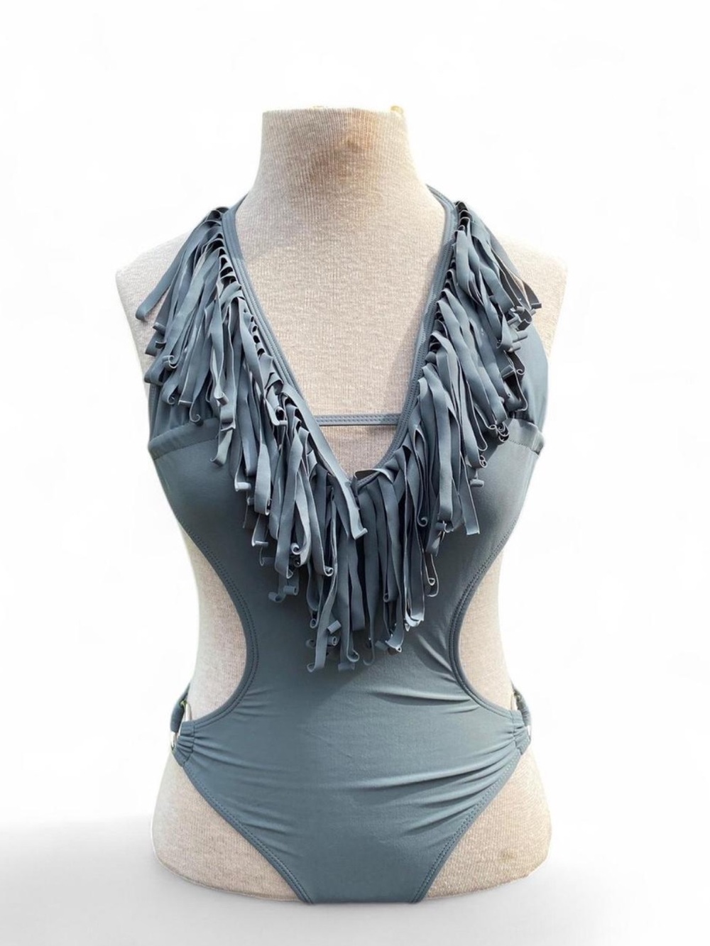 Wet Seal Slate Blue Fringe Deep-V One-Piece Swimsuit